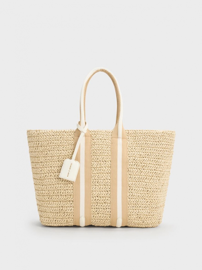 Charles & Keith Gestreift Handles Raffia Tragetaschen Beige | 038QDCIWP