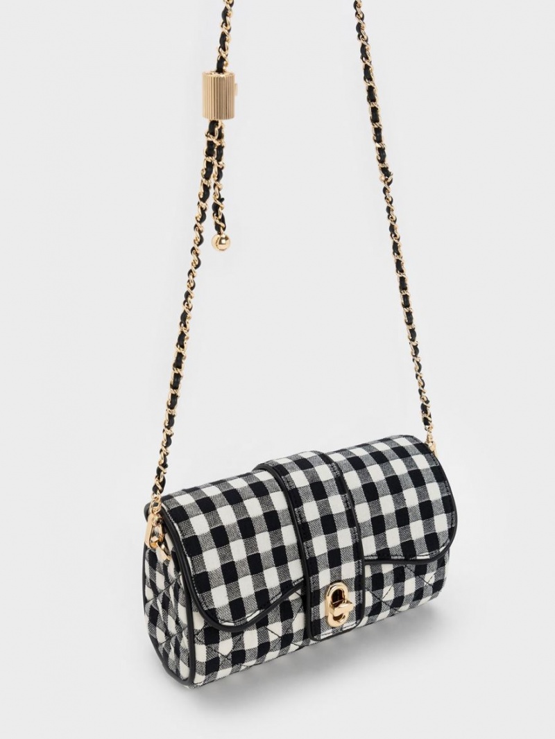 Charles & Keith Gingham Belted Crossbody Taschen Schwarz Weiß | 316THCJXE