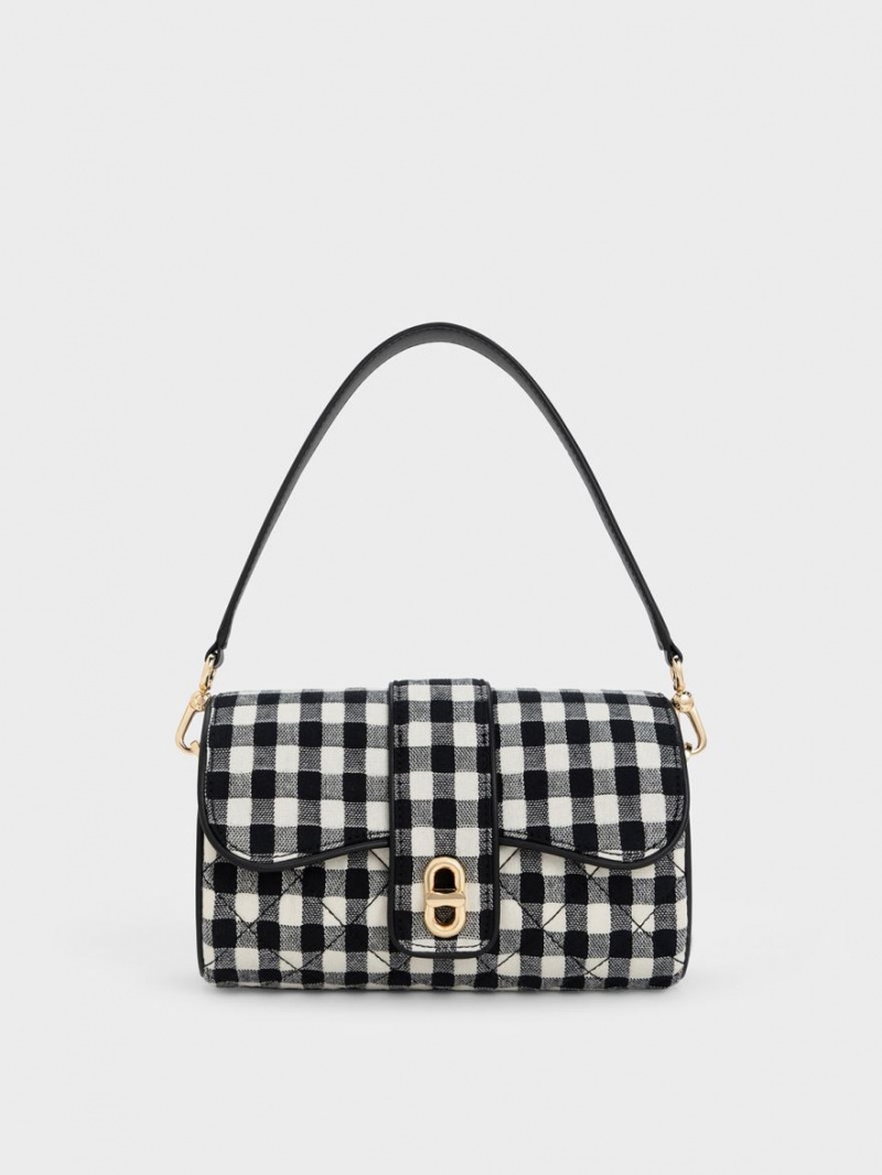 Charles & Keith Gingham Belted Crossbody Taschen Schwarz Weiß | 316THCJXE