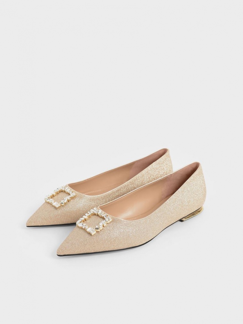 Charles & Keith Glitter Gem-Embellished Ballerinas Gold | 053BUQRGW