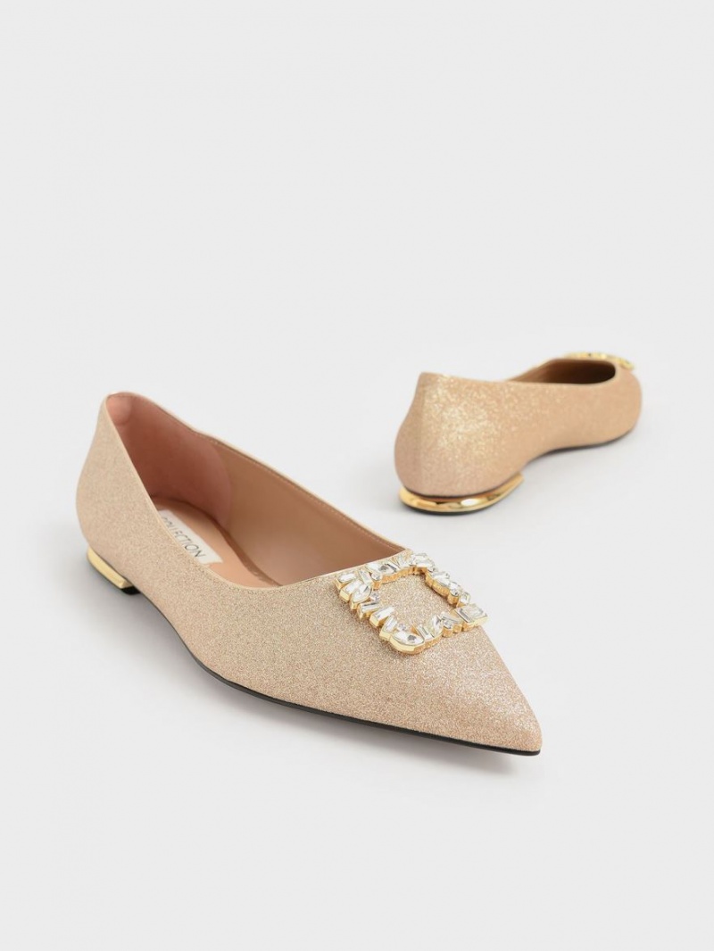 Charles & Keith Glitter Gem-Embellished Ballerinas Gold | 053BUQRGW