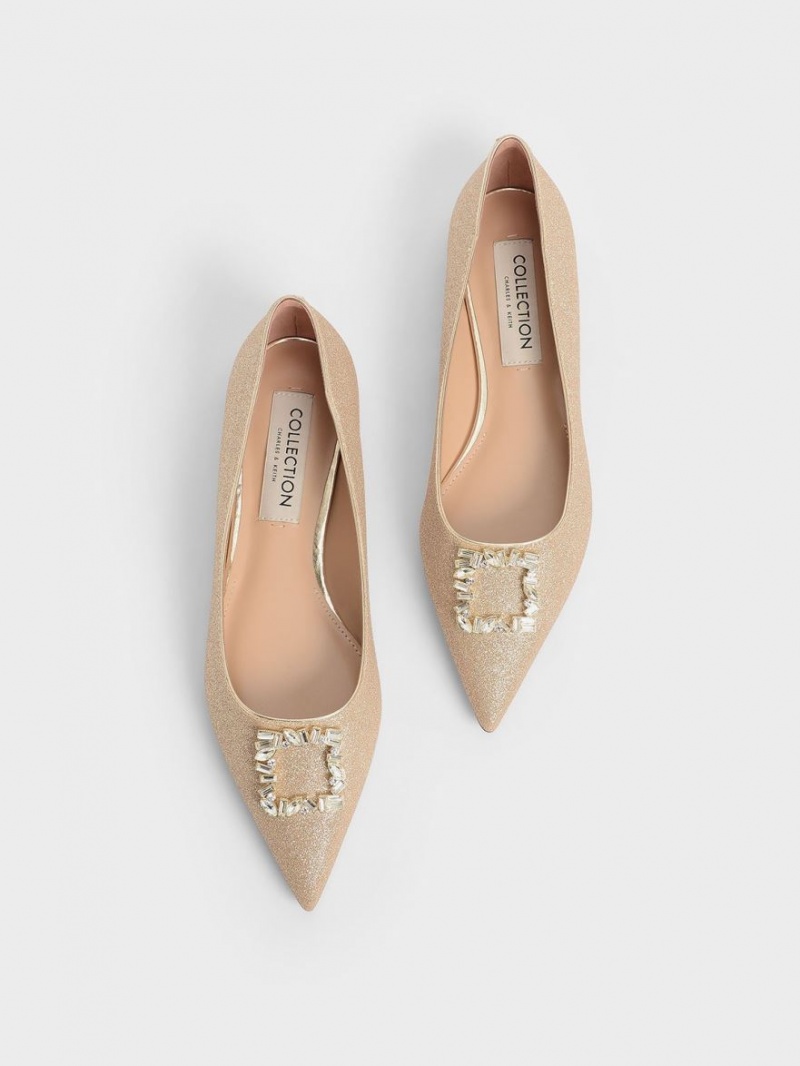 Charles & Keith Glitter Gem-Embellished Ballerinas Gold | 053BUQRGW