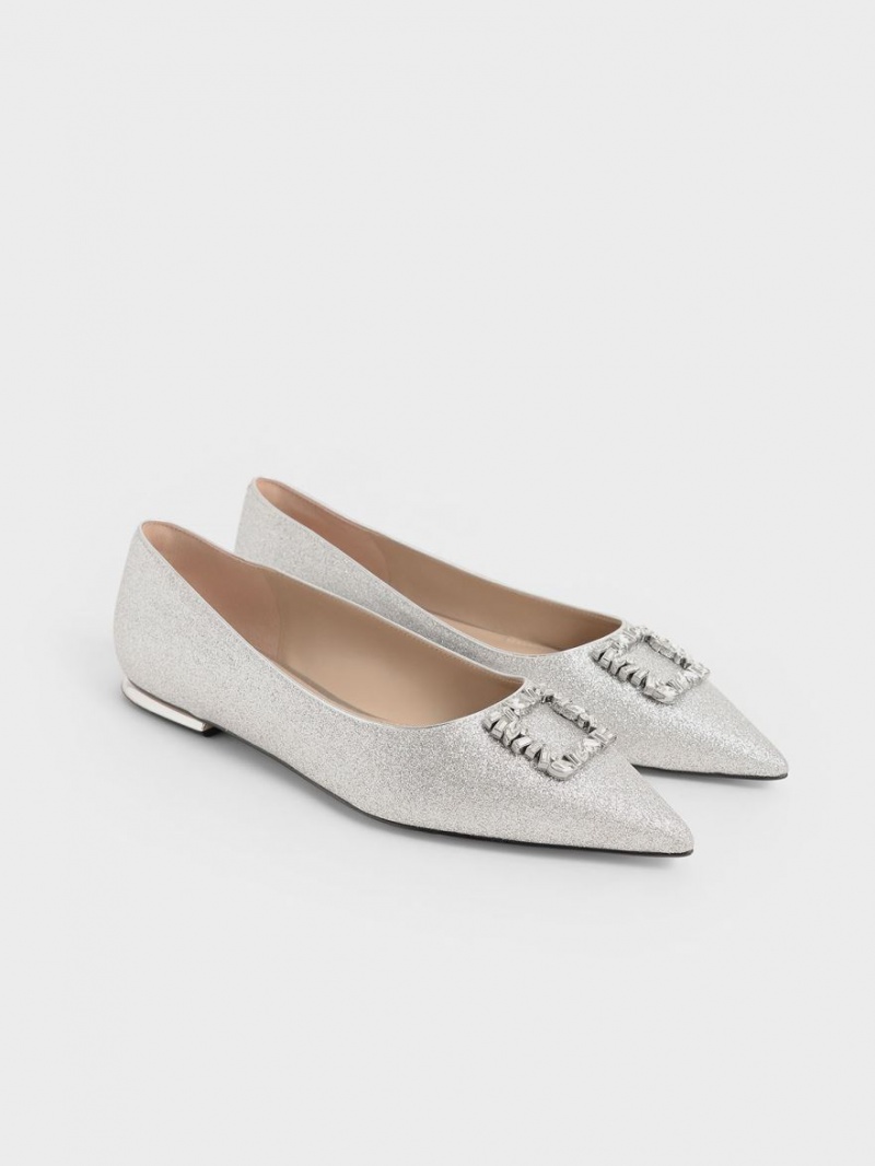 Charles & Keith Glitter Gem-Embellished Ballerinas Silber | 763SEDZGV