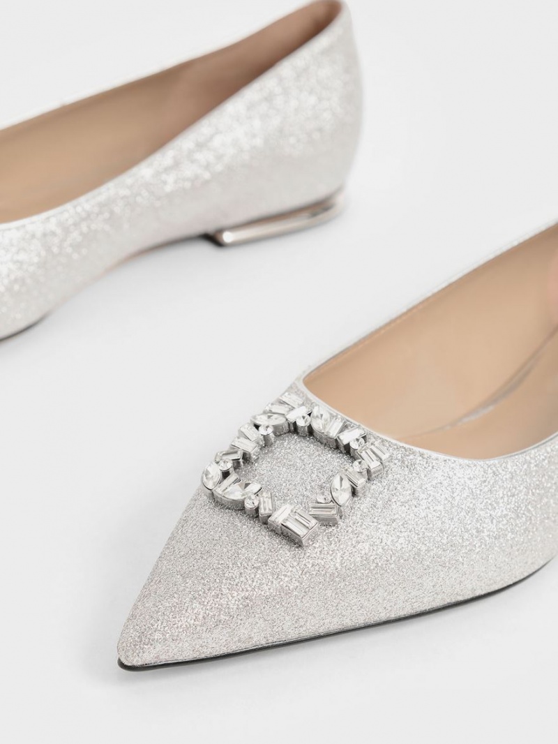 Charles & Keith Glitter Gem-Embellished Ballerinas Silber | 763SEDZGV