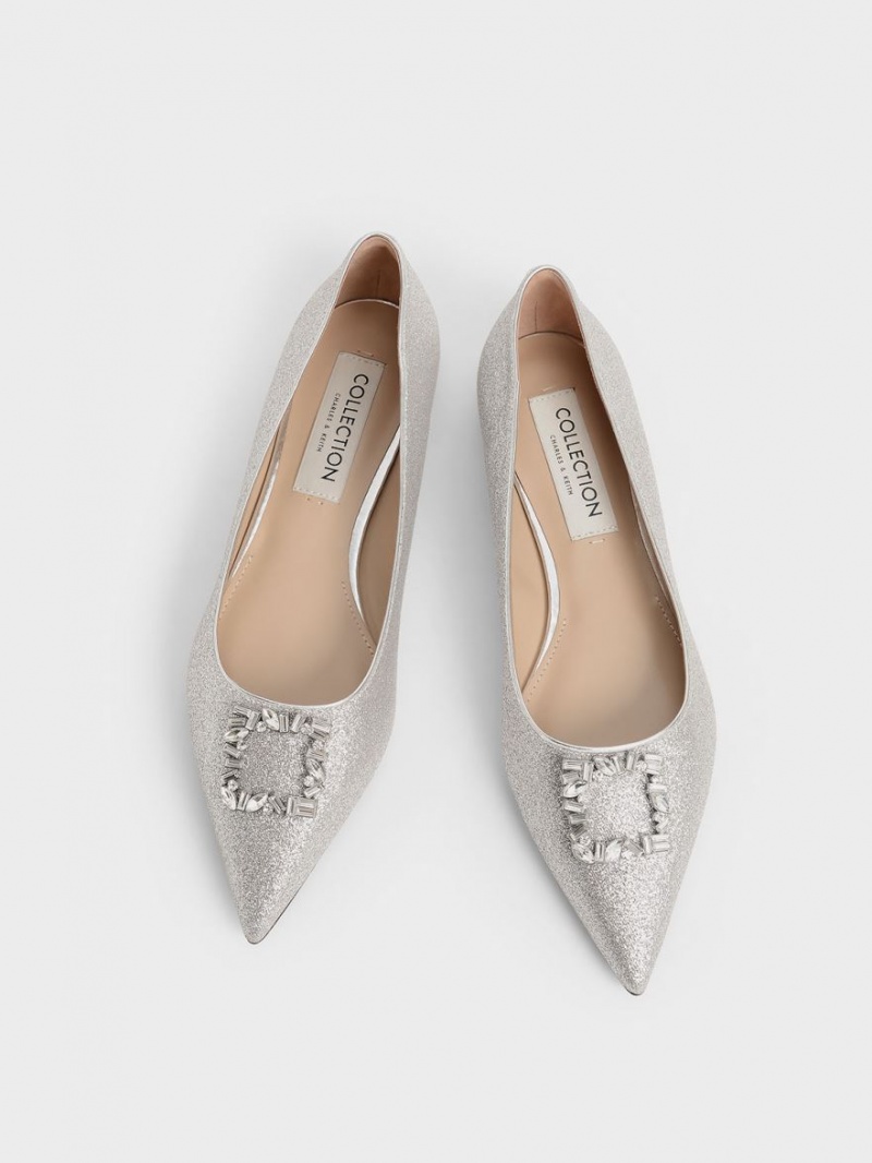 Charles & Keith Glitter Gem-Embellished Ballerinas Silber | 763SEDZGV