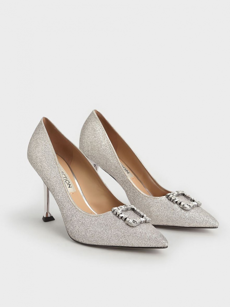 Charles & Keith Glitter Gem-Embellished Pumps Silber | 102RPVYNU