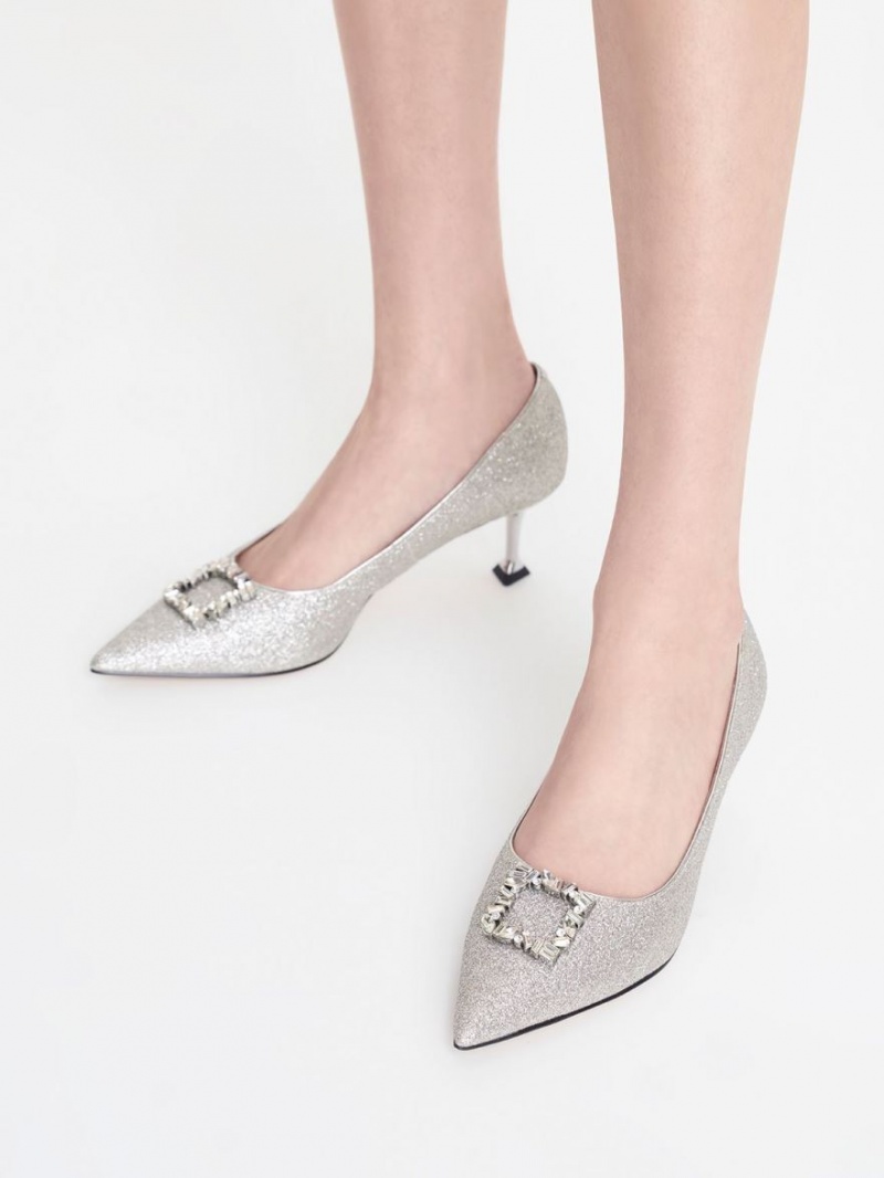 Charles & Keith Glittered Gem-Embellished Kitten Heel Pumps Silber | 168MRWLEO