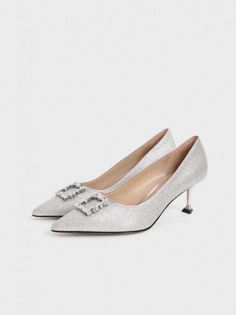 Charles & Keith Glittered Gem-Embellished Kitten Heel Pumps Silber | 168MRWLEO