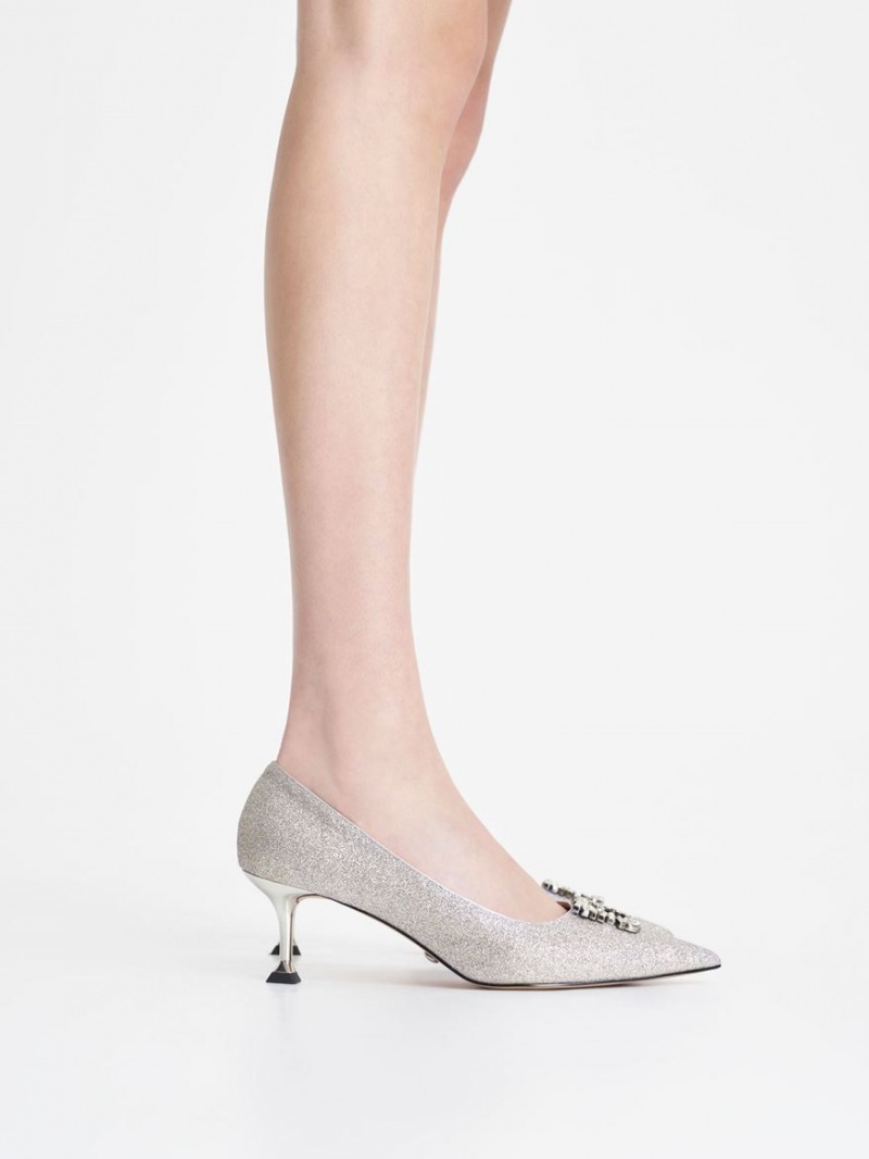 Charles & Keith Glittered Gem-Embellished Kitten Heel Pumps Silber | 168MRWLEO