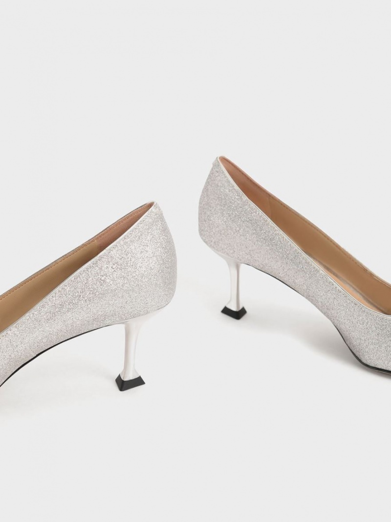 Charles & Keith Glittered Gem-Embellished Kitten Heel Pumps Silber | 168MRWLEO