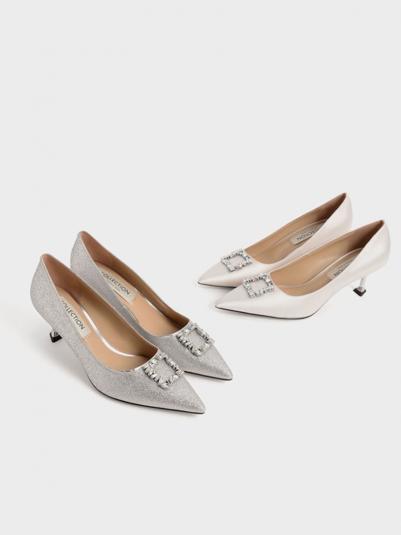 Charles & Keith Glittered Gem-Embellished Kitten Heel Pumps Silber | 168MRWLEO