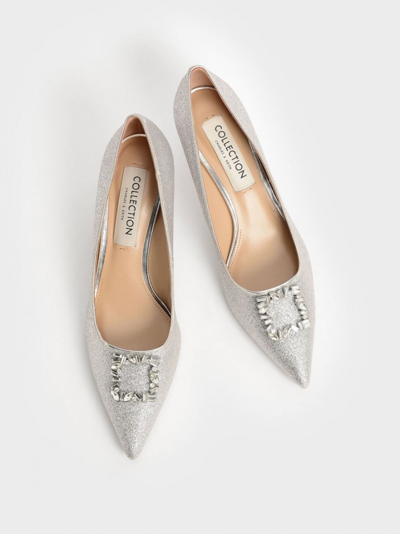 Charles & Keith Glittered Gem-Embellished Kitten Heel Pumps Silber | 168MRWLEO