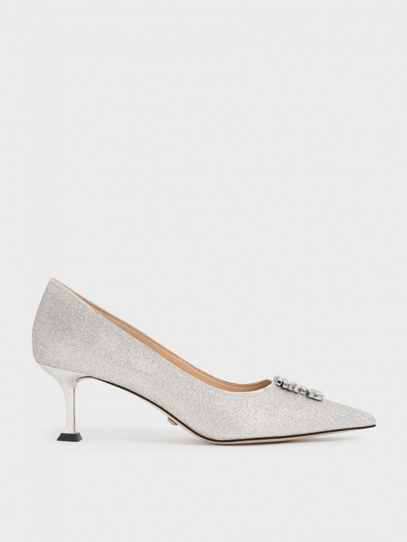 Charles & Keith Glittered Gem-Embellished Kitten Heel Pumps Silber | 168MRWLEO