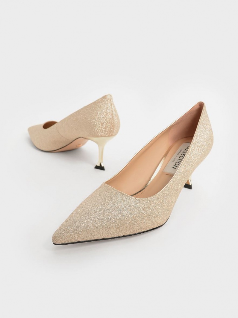 Charles & Keith Glittered Kitten Heel Pumps Gold | 385CKUIHX