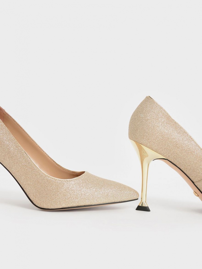 Charles & Keith Glittered Sculptural Stiletto Heel Pumps Gold | 908WBKJEF