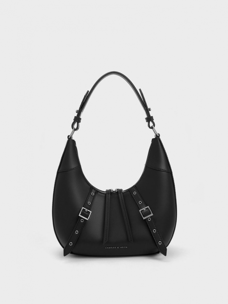 Charles & Keith Grommet Crescent Hobo Tasche Schwarz | 845PZOFND