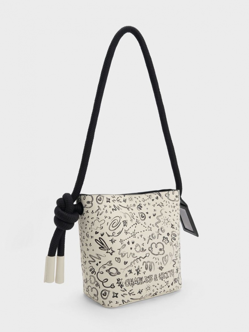 Charles & Keith Gwiana Knotted Printed Bucket Tasche Weiß | 693GXMFYH