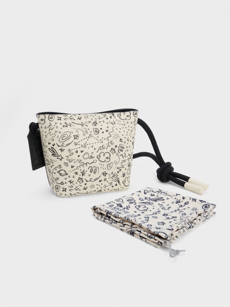 Charles & Keith Gwiana Knotted Printed Bucket Tasche Weiß | 693GXMFYH