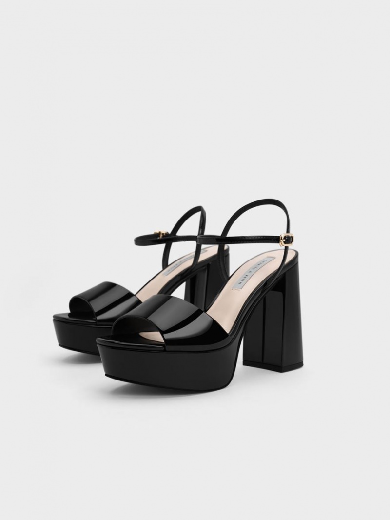 Charles & Keith Halle Peep-Kappe Lack Plateausandalen Schwarz | 421XVTKES