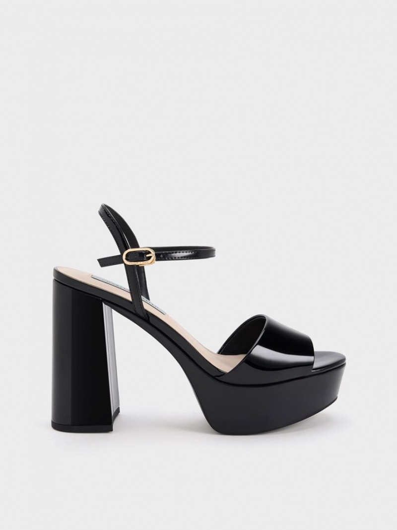 Charles & Keith Halle Peep-Kappe Lack Plateausandalen Schwarz | 421XVTKES