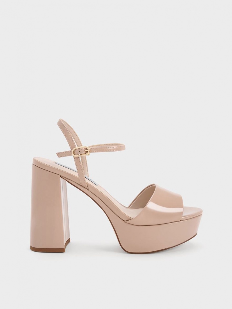 Charles & Keith Halle Peep-Kappe Lack Plateausandalen Beige | 854RDFMHL