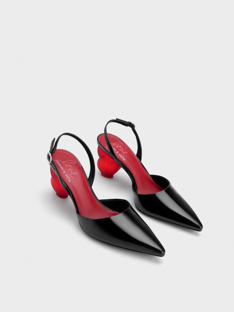 Charles & Keith Heart Heel Slingback Pumps Schwarz | 362RVDABG