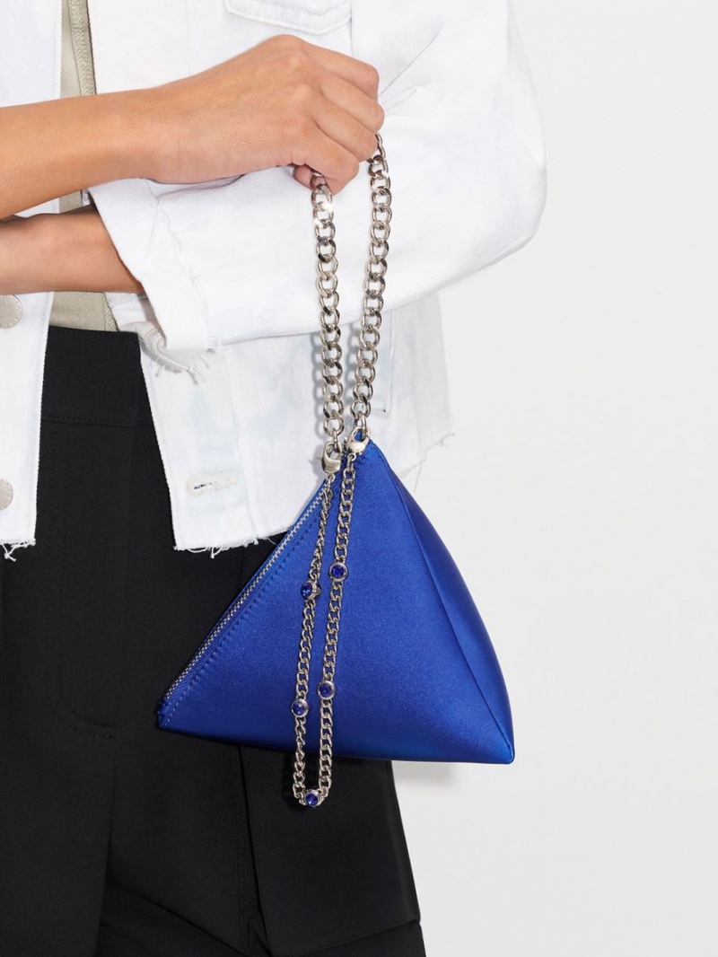 Charles & Keith Hera Satin Pyramid Clutch Tasche Blau | 018KDXUIO