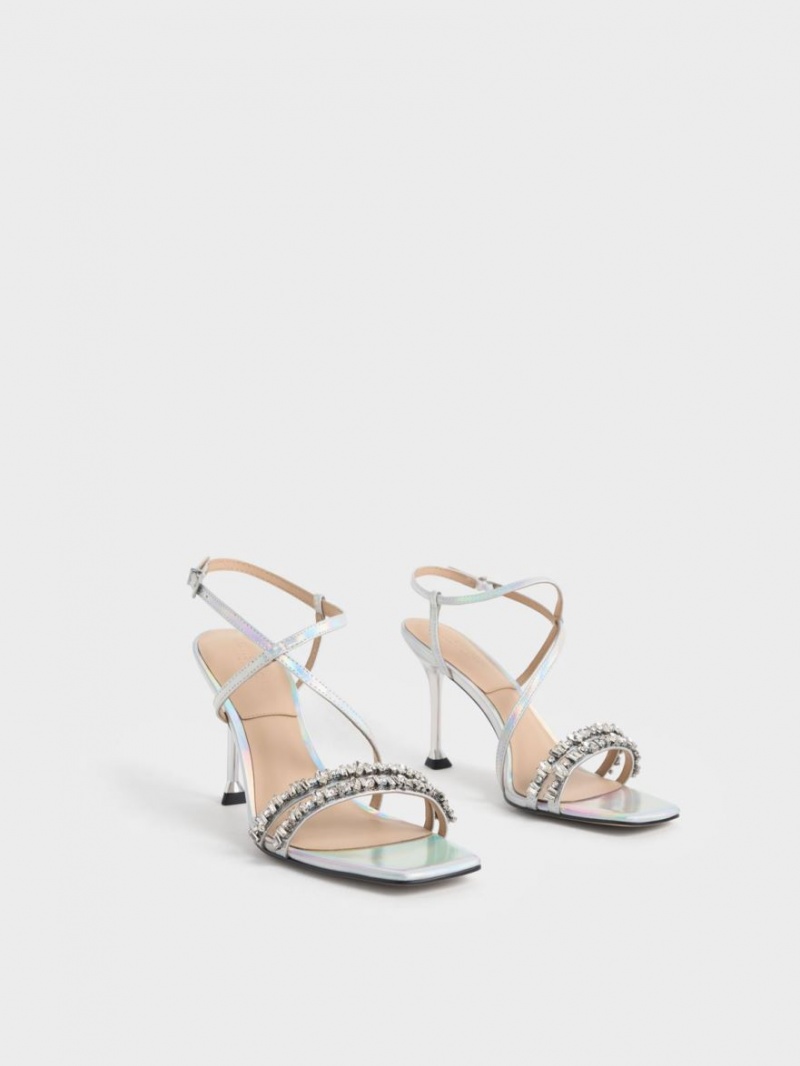 Charles & Keith Holographic Leder Gem-Embellished Riemchensandalen Mehrfarbig | 581DMRONA