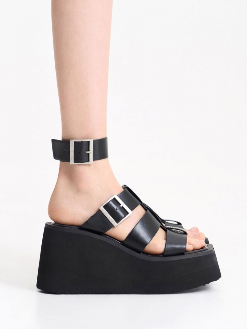 Charles & Keith IIsa Flatform Gladiator Plateausandalen Schwarz | 532TUBNAI