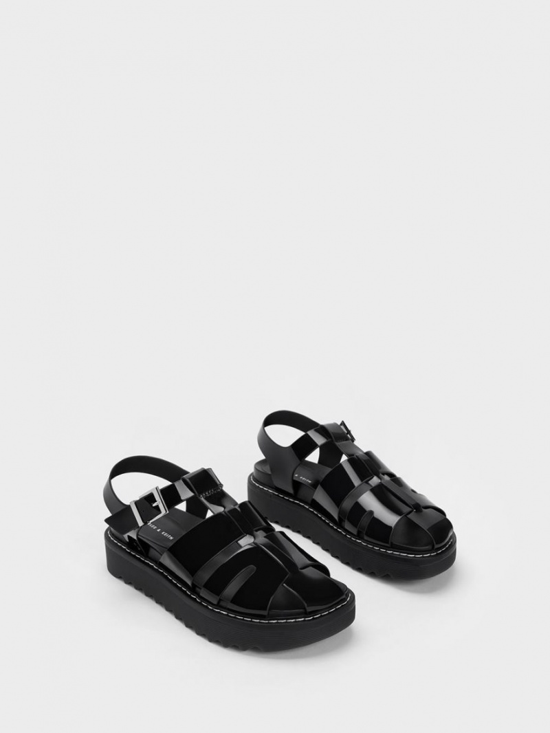 Charles & Keith Interwoven Lack Buckled Plateausandalen Schwarz | 387DLOTUB