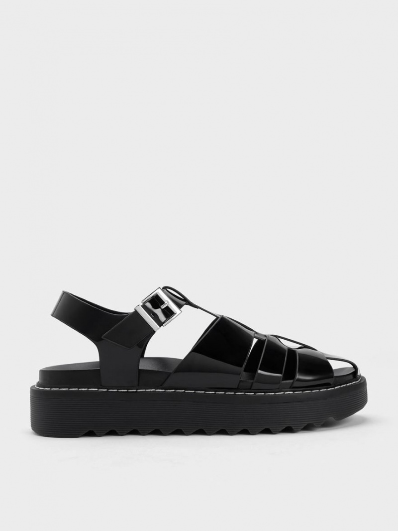 Charles & Keith Interwoven Lack Buckled Plateausandalen Schwarz | 387DLOTUB