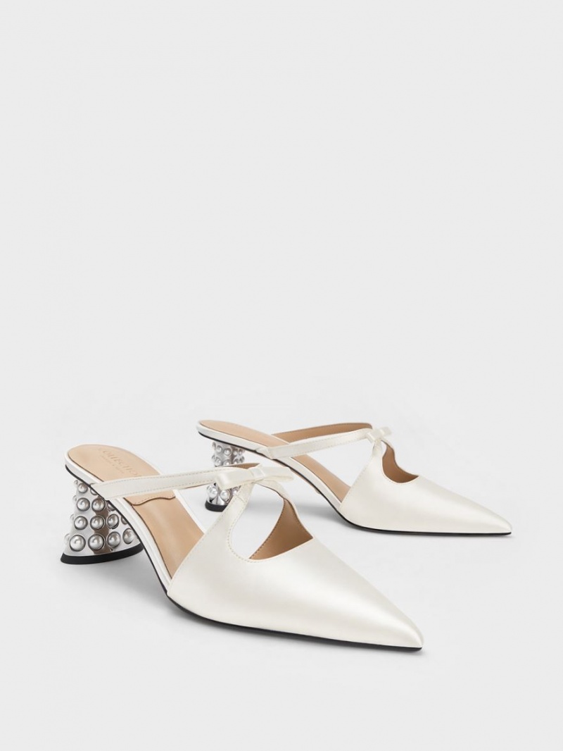 Charles & Keith Jacinda Beaded Heel Bow Mules Weiß | 938XKNVSR