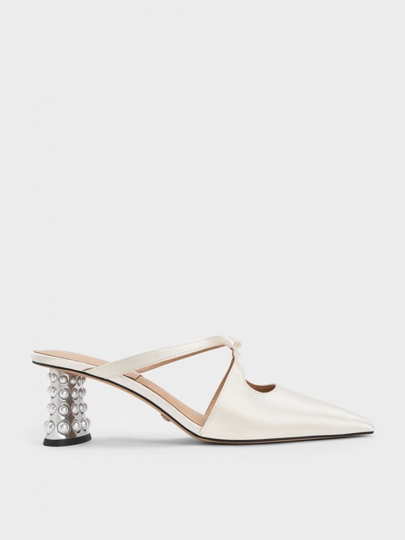 Charles & Keith Jacinda Beaded Heel Bow Mules Weiß | 938XKNVSR