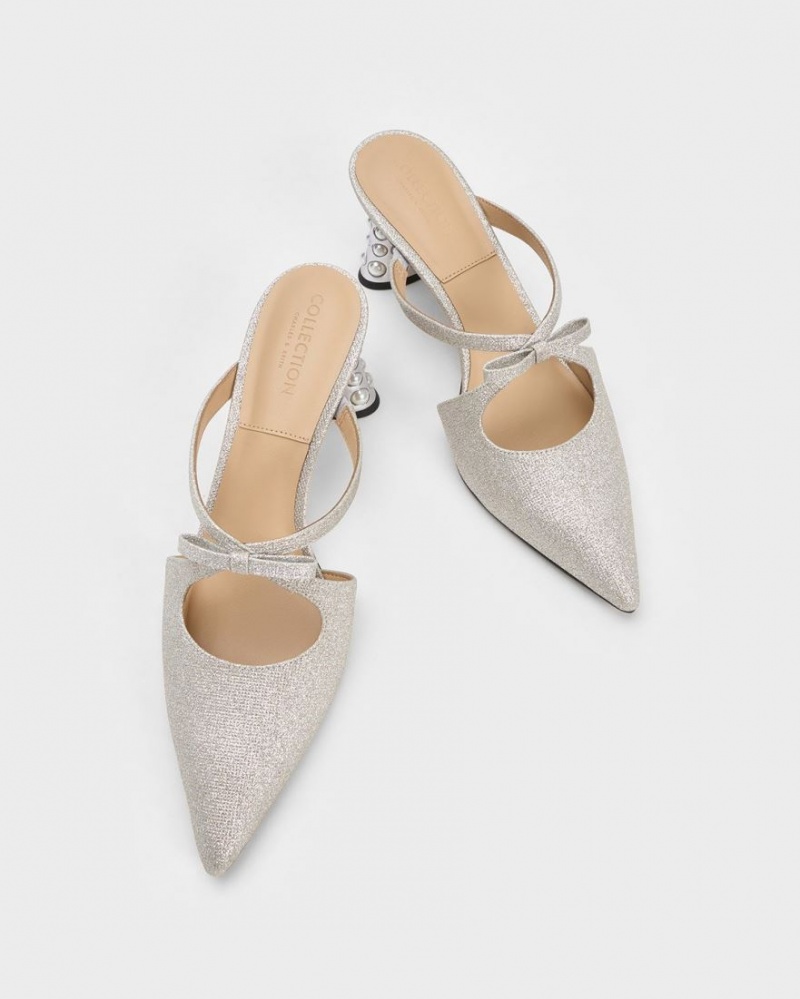 Charles & Keith Jacinda Beaded Heel Glittered Bow Mules Silber | 280LSKNUY