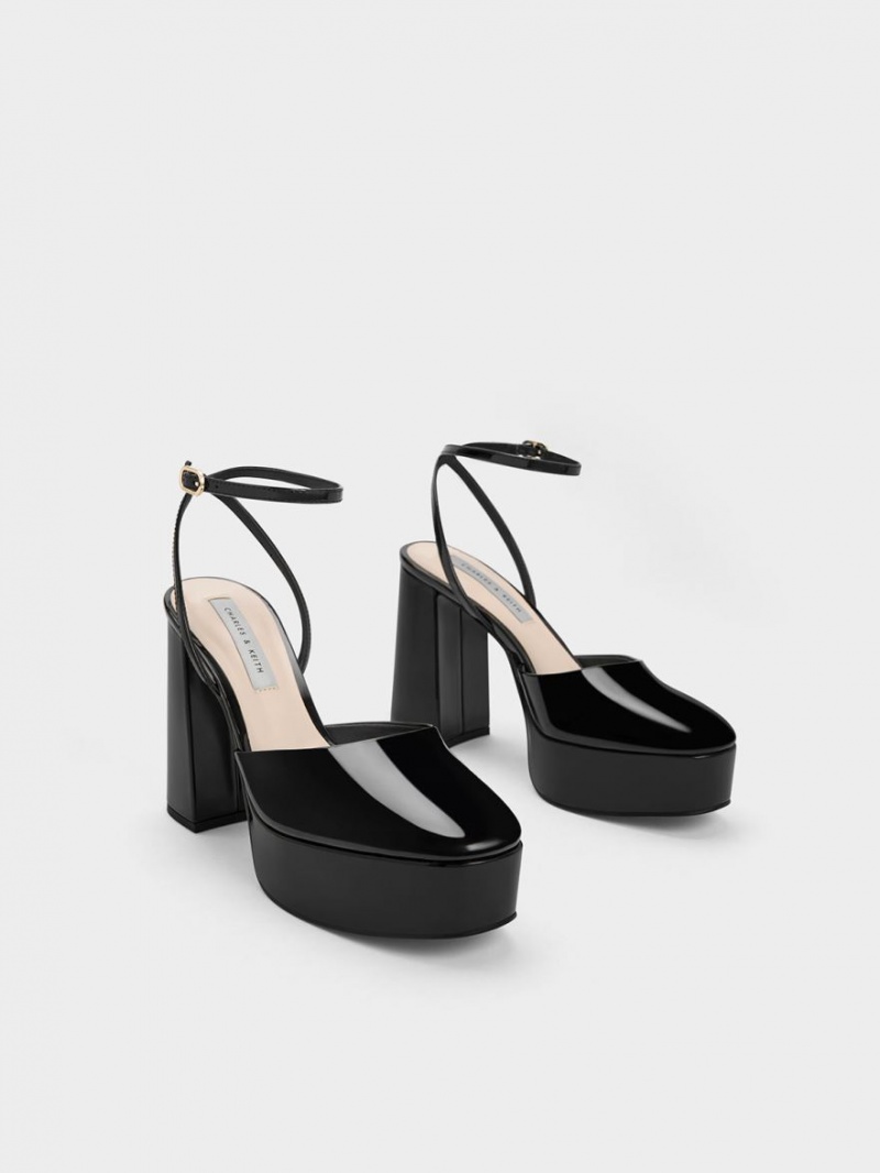 Charles & Keith Jemma Lack Plattform Ankle-Riemen Pumps Schwarz | 507QIMXPD