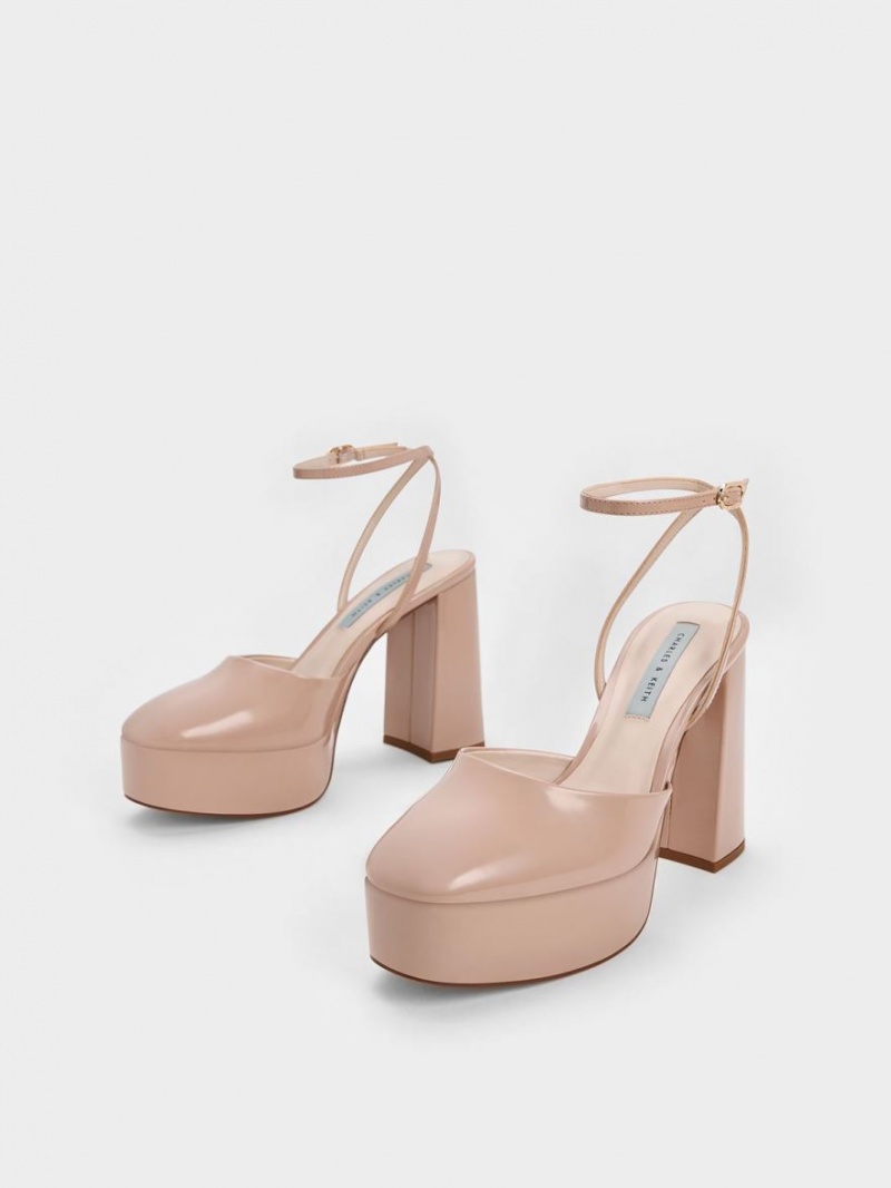 Charles & Keith Jemma Lack Plattform Ankle-Riemen Pumps Beige | 260LJXNFU