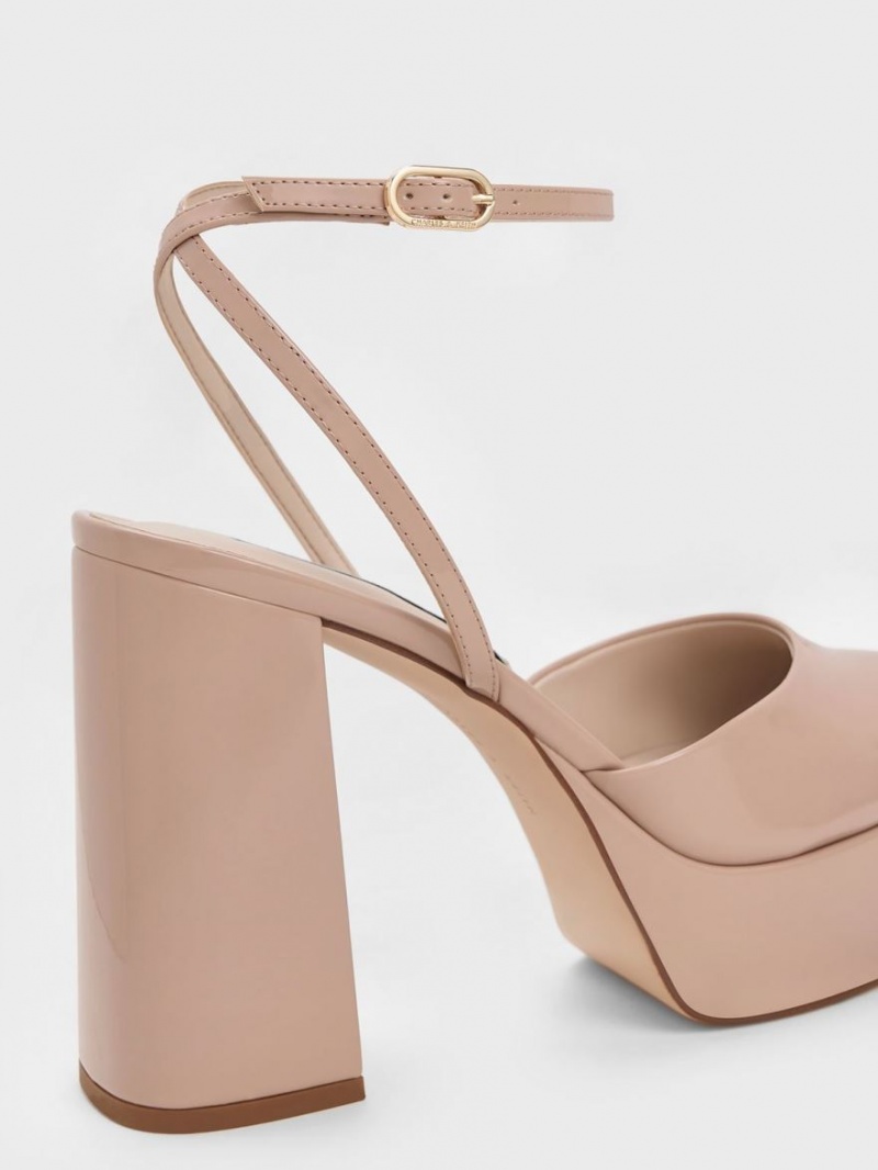 Charles & Keith Jemma Lack Plattform Ankle-Riemen Pumps Beige | 260LJXNFU