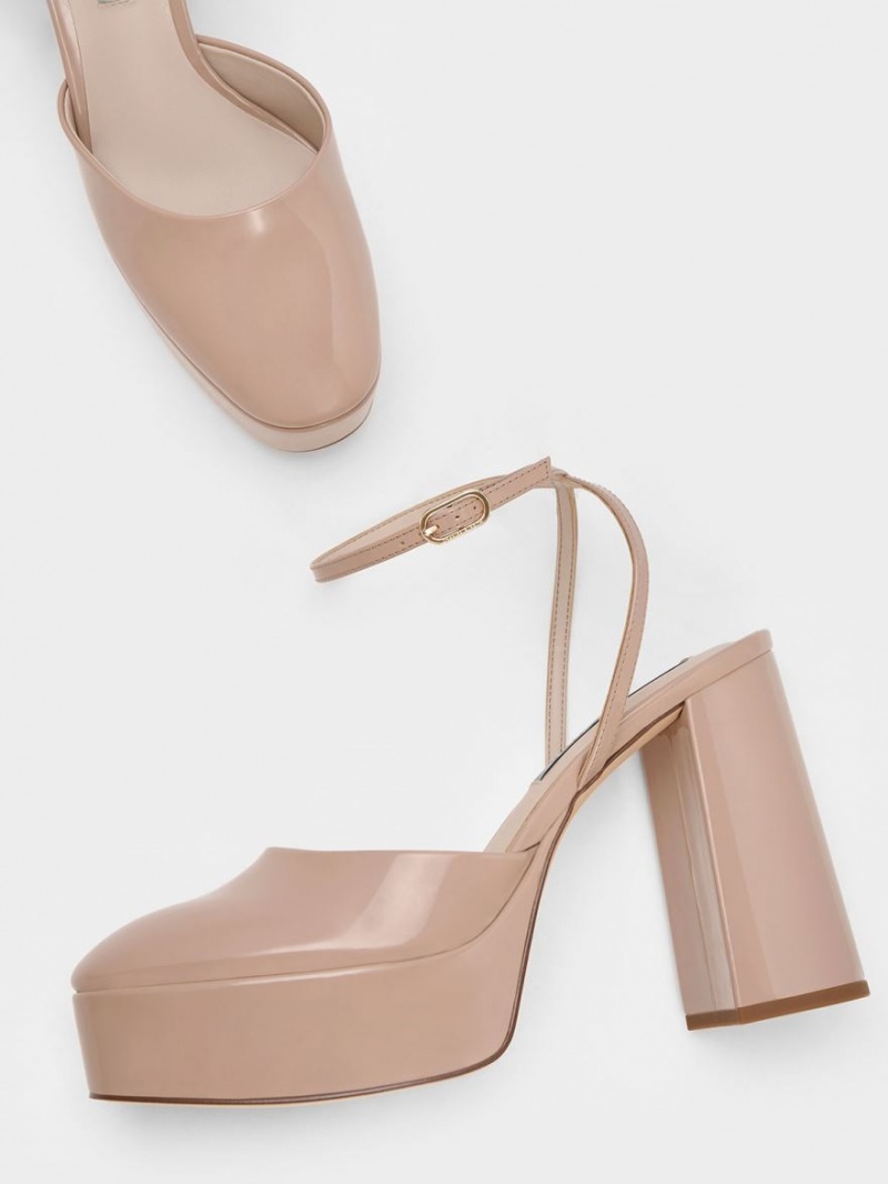 Charles & Keith Jemma Lack Plattform Ankle-Riemen Pumps Beige | 260LJXNFU