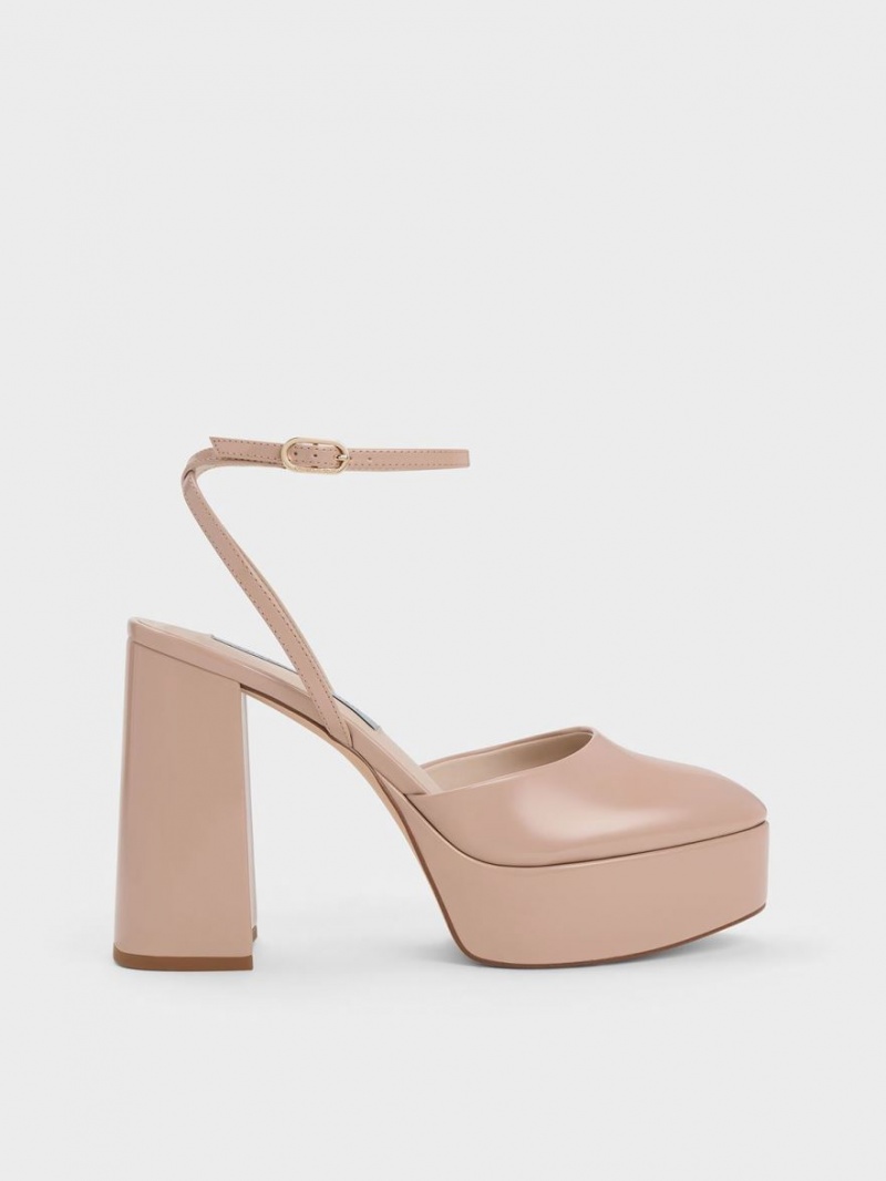 Charles & Keith Jemma Lack Plattform Ankle-Riemen Pumps Beige | 260LJXNFU