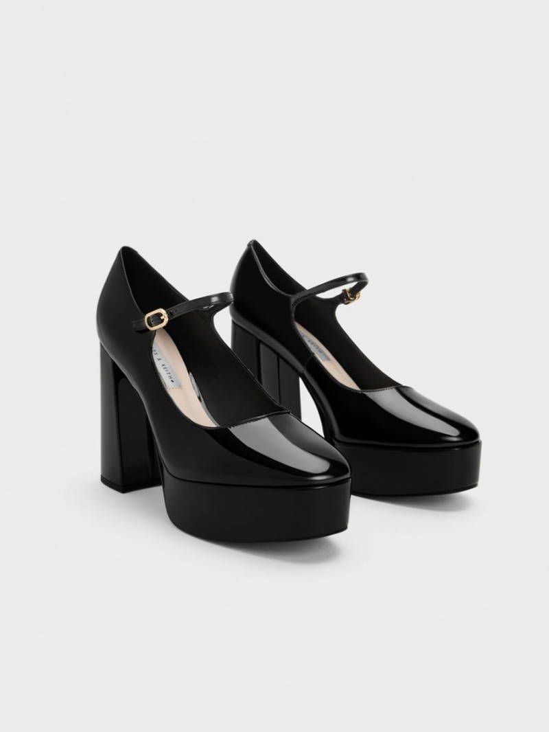 Charles & Keith Jemma Lack Plattform Mary Jane Pumps Schwarz | 452PZNYFU