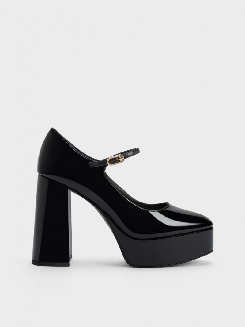 Charles & Keith Jemma Lack Plattform Mary Jane Pumps Schwarz | 452PZNYFU