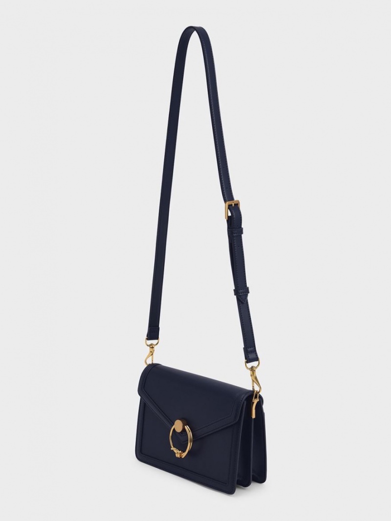 Charles & Keith Joelle Ring Push-Lock Envelope Schultertaschen Navy | 859XVTGUR