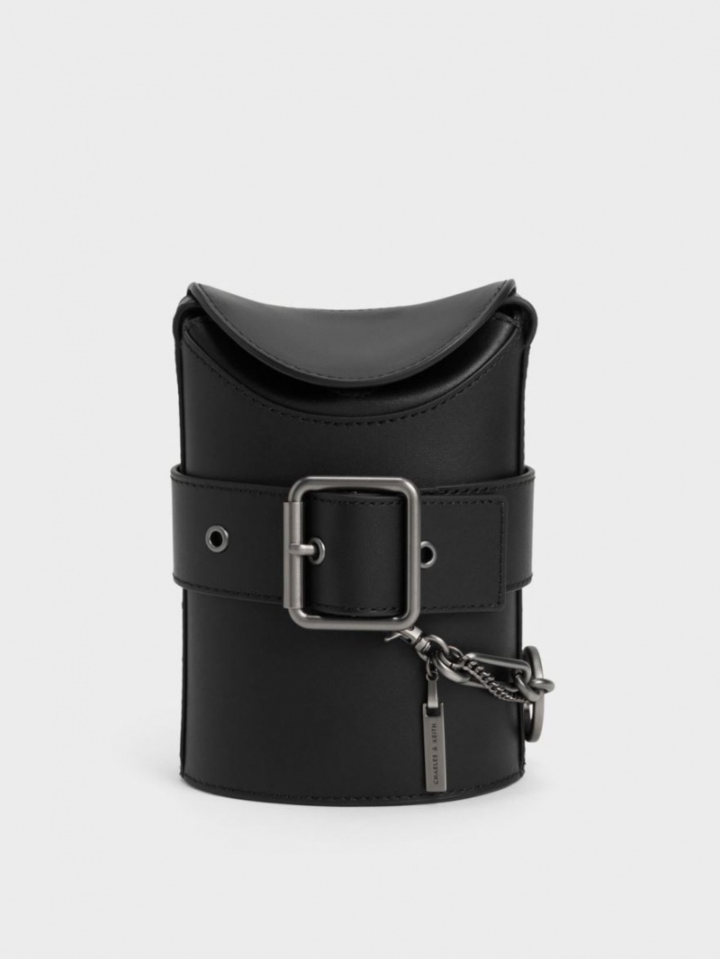 Charles & Keith Jules Leder Belted Bucket Tasche Schwarz | 190EHZRSY