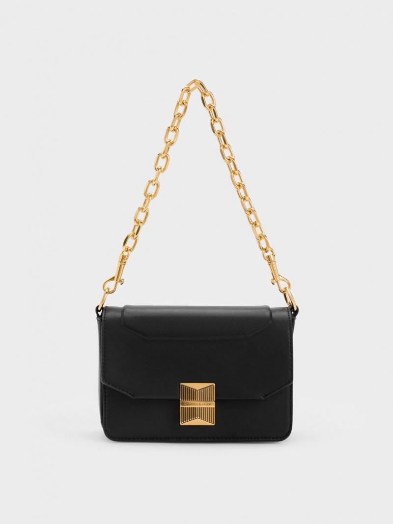 Charles & Keith Kalinda Metallic Accent Boxy Schultertaschen Schwarz | 870FLRIWO