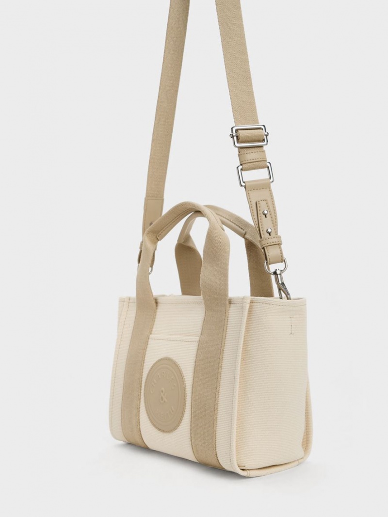 Charles & Keith Kay Canvas Contrast-Trim Tragetaschen Beige | 053PVRAGC