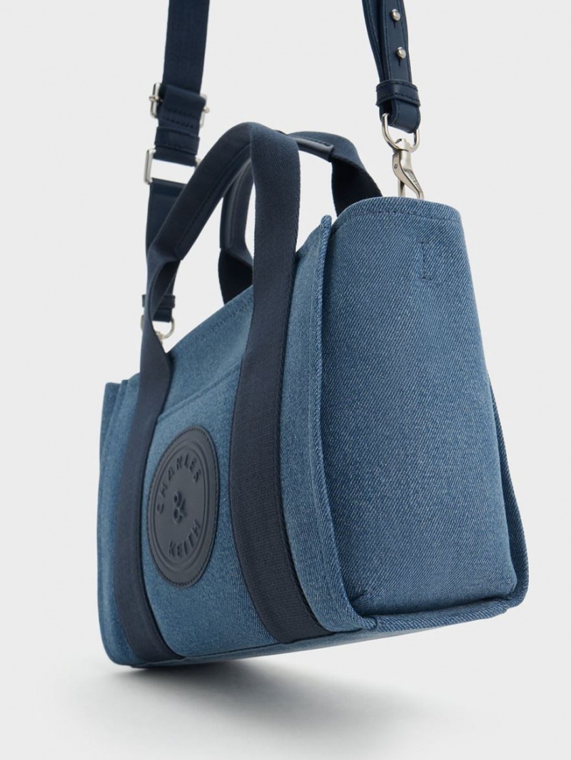 Charles & Keith Kay Denim Contrast-Trim Tragetaschen Blau | 275HPBNJR