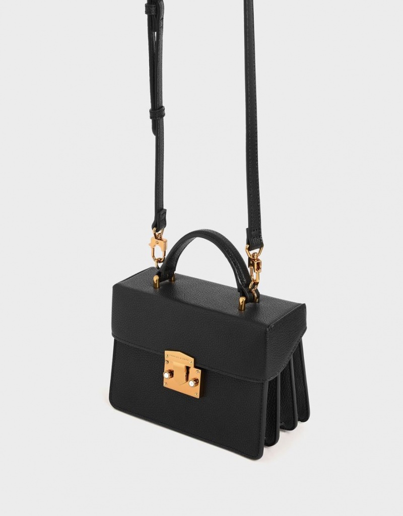 Charles & Keith Klassische Push-Lock Top Handtasche Schwarz | 715JOMTGX