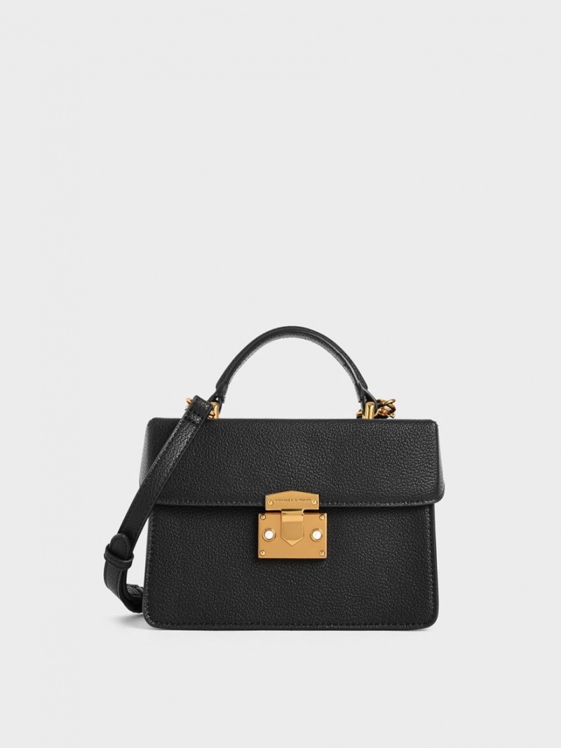 Charles & Keith Klassische Push-Lock Top Handtasche Schwarz | 715JOMTGX