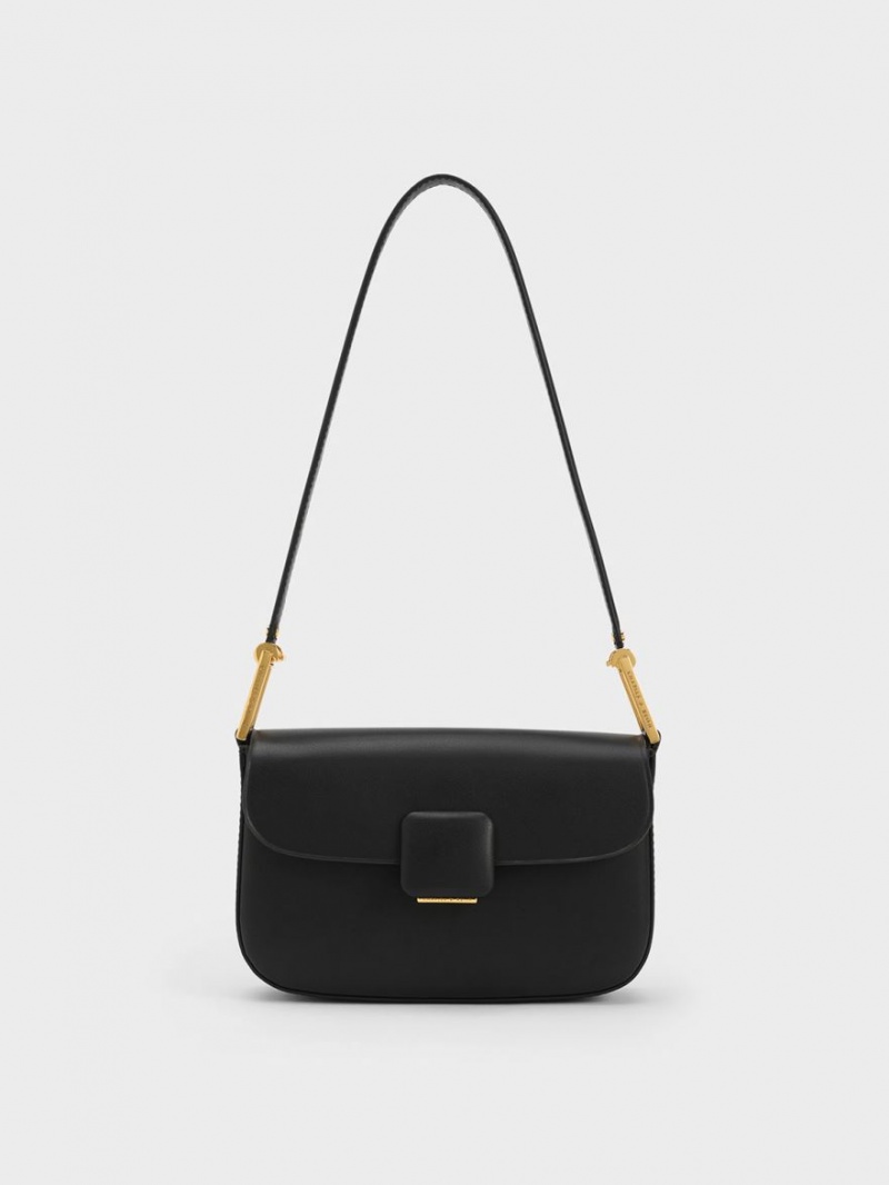 Charles & Keith Koa Square Push-Lock Schultertaschen Schwarz | 478IKOQPT