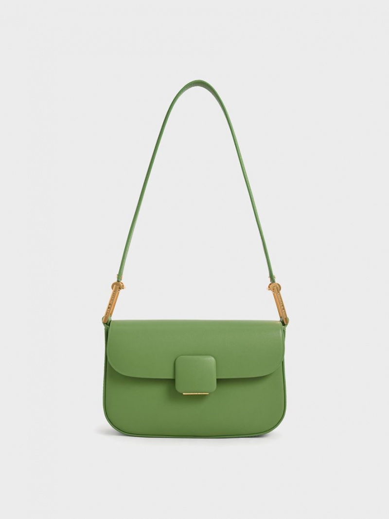 Charles & Keith Koa Square Push-Lock Schultertaschen Grün | 245ZUHXWP